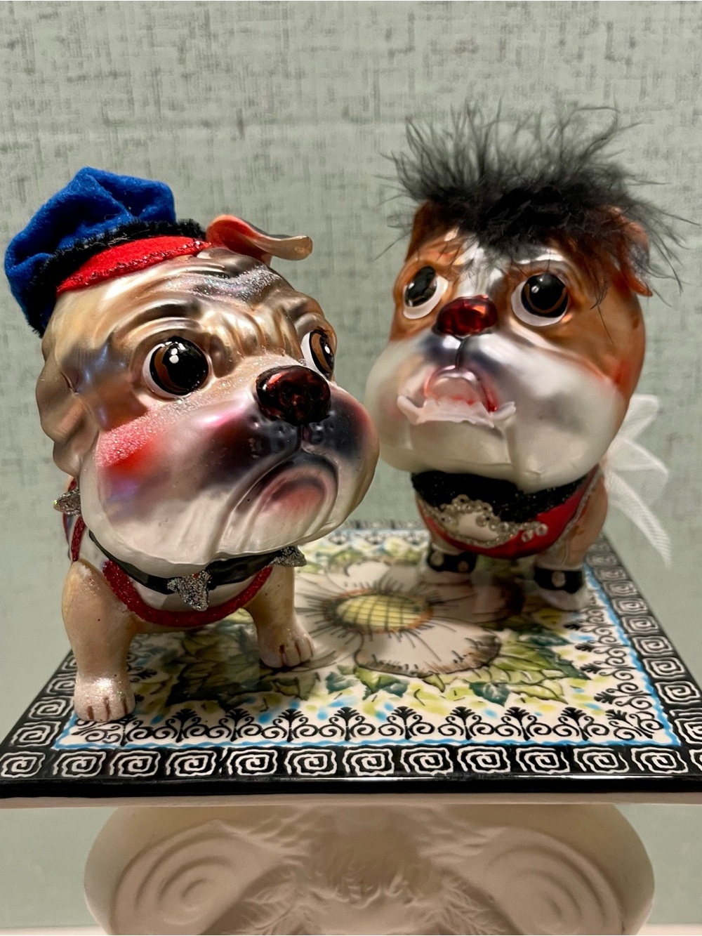 Chic Bulldog Dog Glass Ornaments with Girl in Skull and Crossbones & Sailor Boy